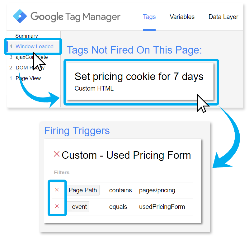 Modo de visualização e depuração do gerenciador de tags do Google