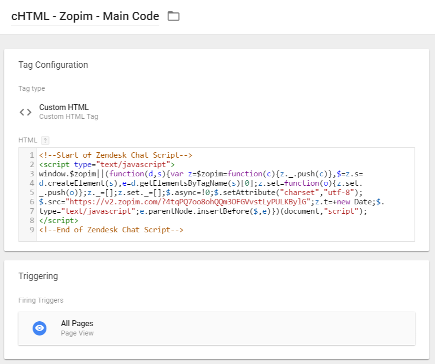 Zopim Custom HTML Tag in Google Tag Manager