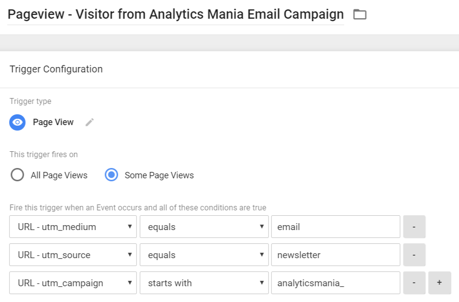 Pageview Trigger - Visitor from Analytics Mania Newsletter