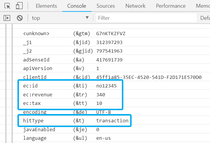 Ecommerce Hit in the GA Debugger