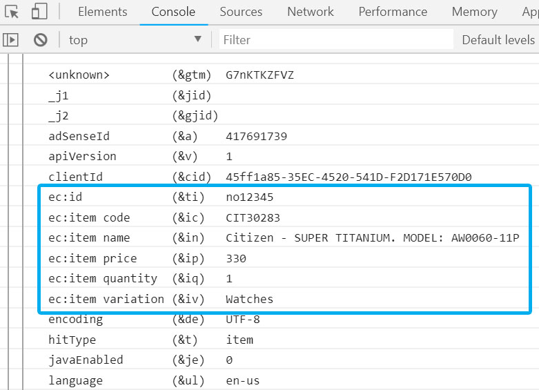 Ecommerce Hit in the GA Debugger2