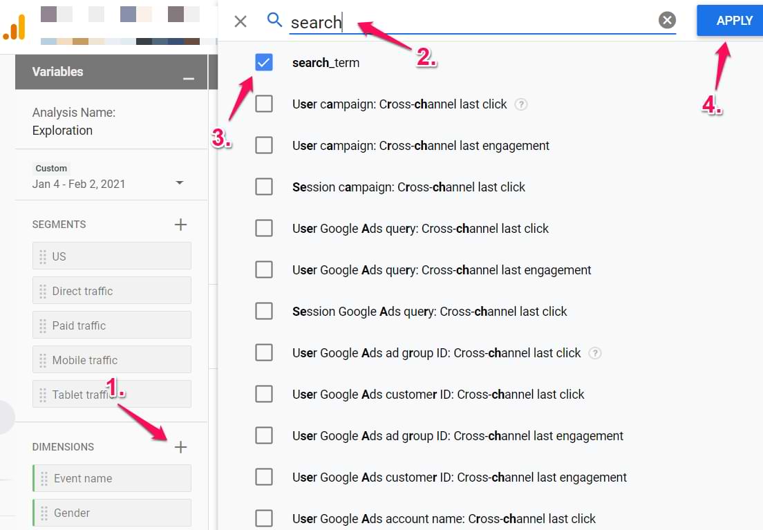 add search term to ga4 exploration