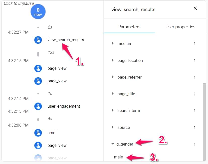 search event in google analytics 4 debugview