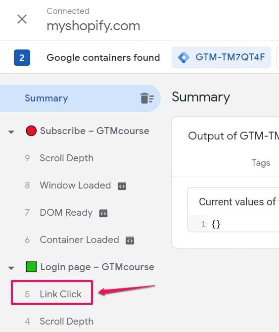 link click in gtm preview mode