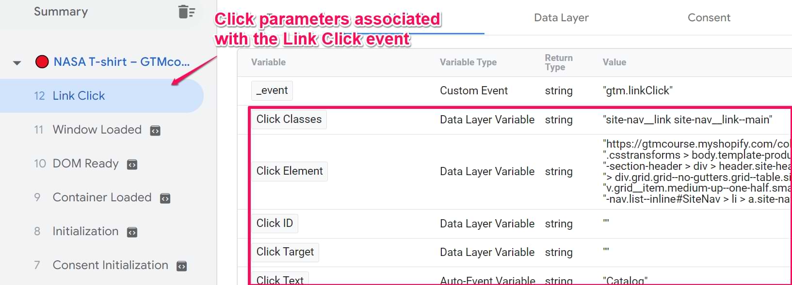 Click parameters recorded with the Link Click event