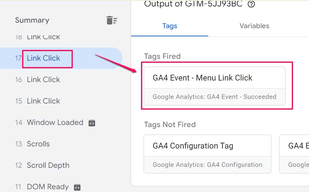 Menu Link Click event fired successfully in Google Tag Manager