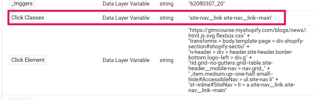 Selecting the Click Classes variable as the condition